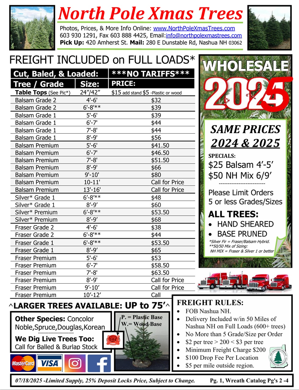 Wholesale Christmas Tree Pricelist 2025